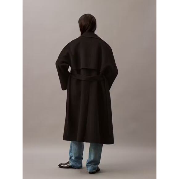 CALVIN KLEIN Wool Blend Wrap Coat Black Sz L NWT $669 - Picture 5 of 6